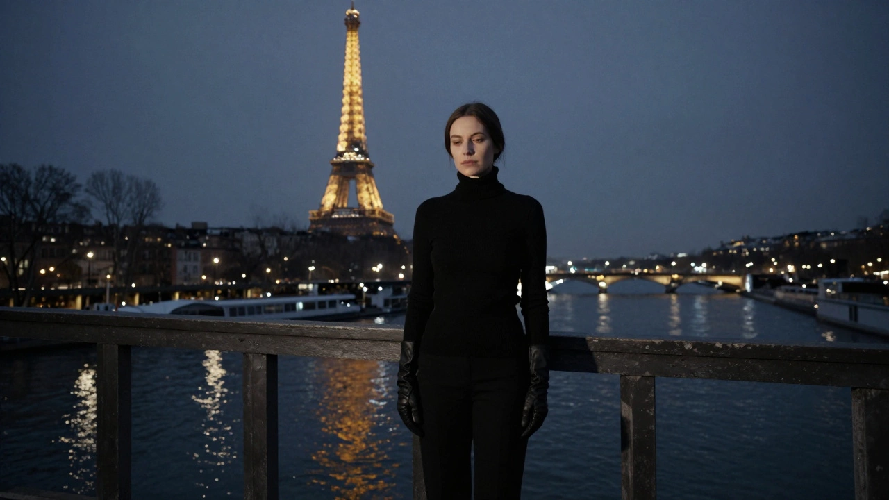 A woman stands alone on a bridge over the Seine at night, her reflection rippling in the water below.