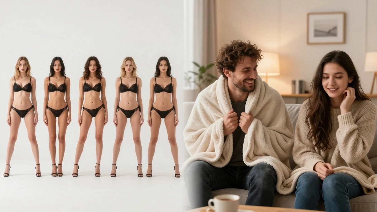 Contrasting scenes: artificial porn studio vs. real, unposed intimacy in a home setting.