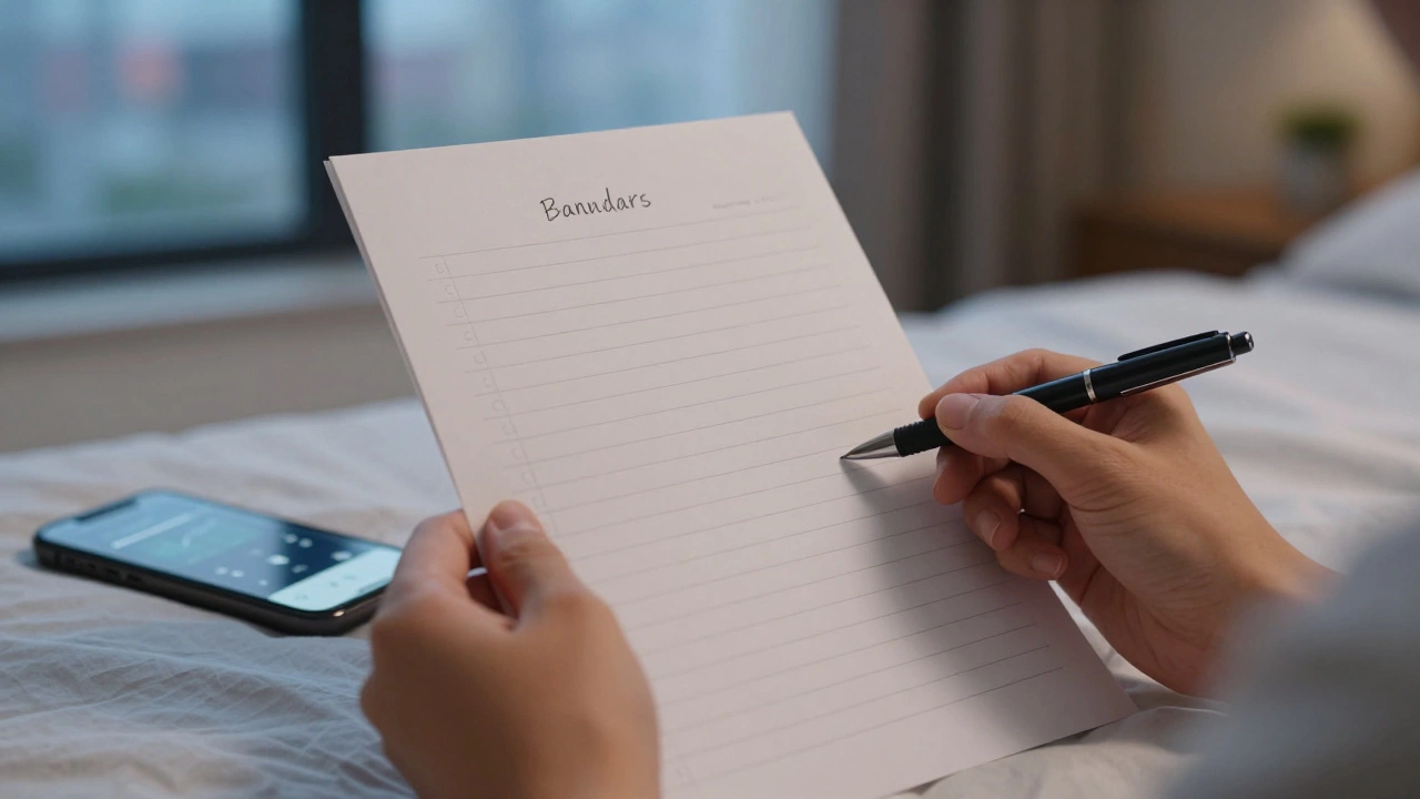 Hands holding a written list of boundaries on a bed beside a recording phone.