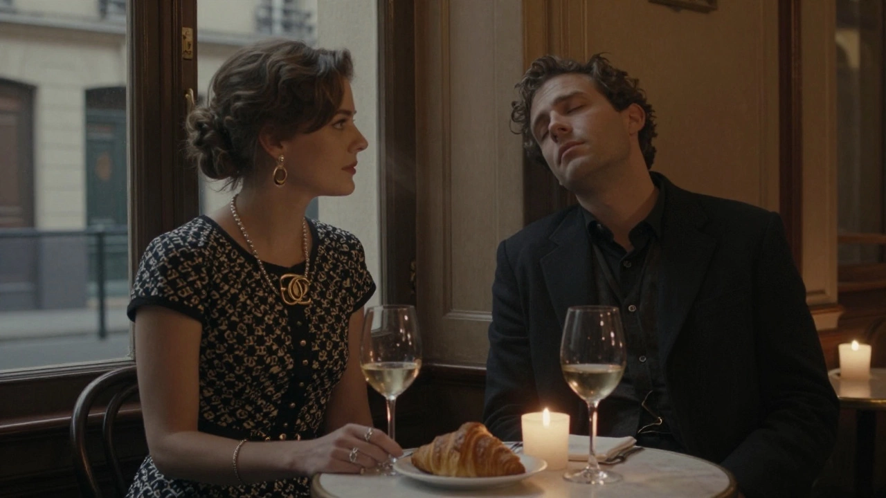 Two people share a quiet dinner at a Paris bistro, wine and croissant on the table, candlelight glowing.